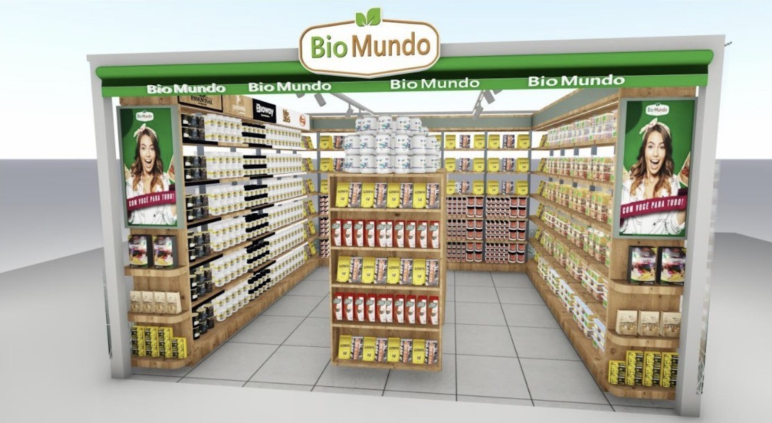 Mockup do formato de franquia minimercado da Bio Mundo, publicado pela PEGN